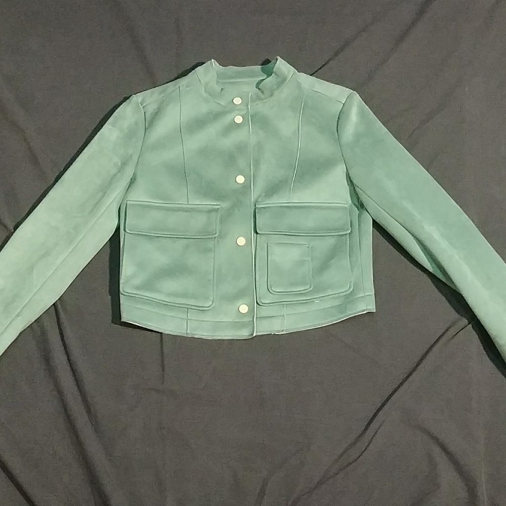Zara Basics Pistachio Faux Suede Cropped Moto Coat